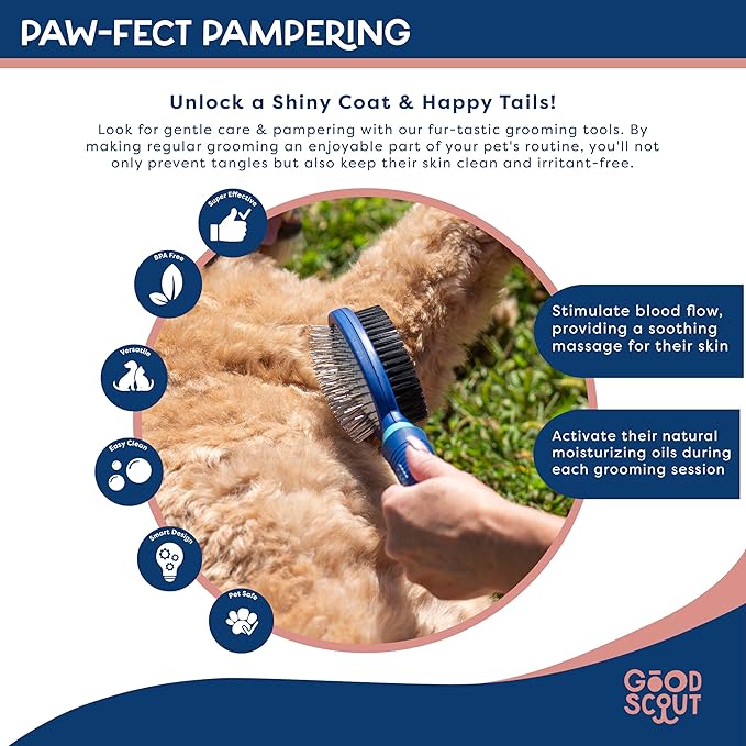 Good Scout 2-in-1 Pin & Bristle Deshedding Tool for Dogs & Cats, Gentle & Effective Dematting Brush for Long & Short Haired Pets, Pet Grooming Tool for Shedding, Tangles, and Knots