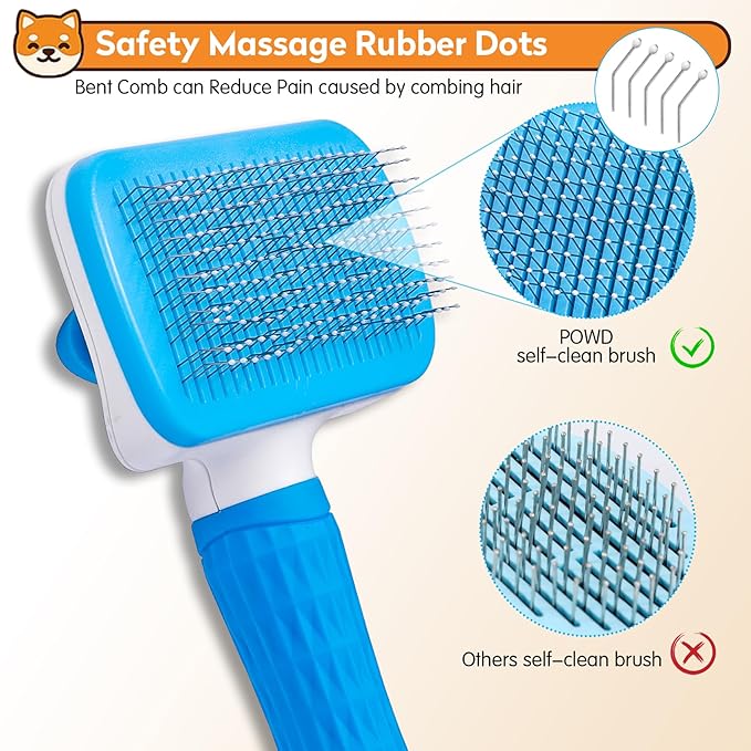 Dog & Cat Brush, Self Cleaning Slicker Brush for Pets, Upgraded Dog Brush for Shedding Massaging and Grooming, Removes Loose Undercoat & Portable Comb for Long Short Haired Dogs(Blue)