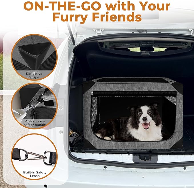 Dog Crates,Collapsible Soft Travel Crate for Large Dogs (3 Year Warranty), Indoor & Outdoor Portable Pet Kennel with Chew Proof Mesh Door (36" L x 25" W x 25" H, French Gray) 