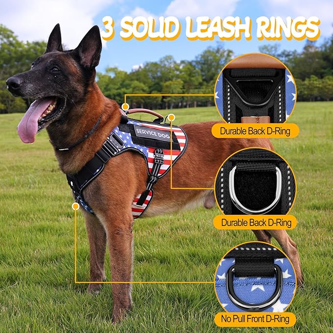 Service Dog Vest - HEYCAHVA Tactical Dog Harness Full Metal Buckles Dog Vest for Large Medium Dog Reflective No Pull Dog Harnesses with Leather Handle, Hook & Loop for Hiking Training (Flag, L)
