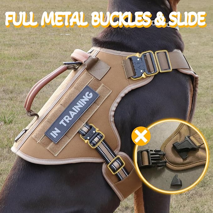 Service Dog Vest - HEYCAHVA Tactical Dog Harness Full Metal Buckles Dog Vest for Large Medium Dog Reflective No Pull Dog Harnesses with Leather Handle, Hook & Loop for Hiking Training (Khaki, XL)
