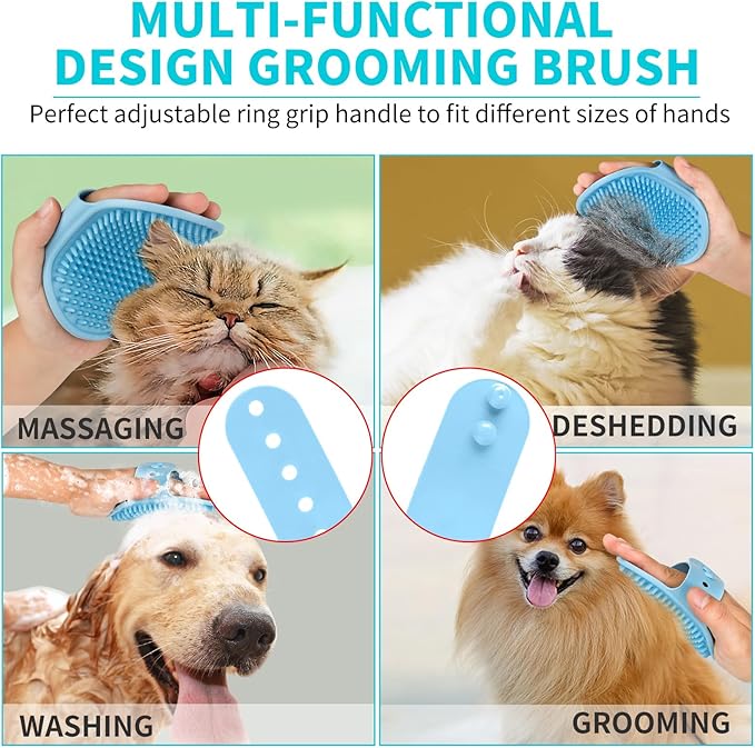 Comotech 3PCS Dog Bath Brush | Dog Shampoo Brush | Dog Scrubber for Bath | Dog Bath Brush Scrubber | Dog Shower/Washing Brush with Adjustable Ring Handle for Short & Long Hair (Blue Pink Blue)