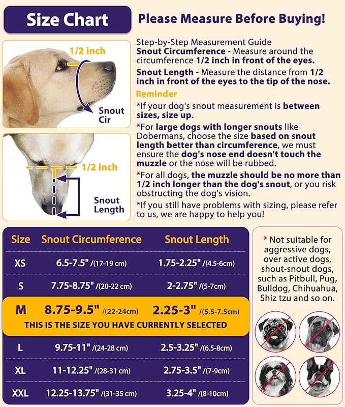 LUCKYPAW Dog Muzzle, Mesh Muzzle for Large Medium Small Dogs with Front Opening Design, Dog Mouth Cover to Prevent Biting, Licking, Chewing, Scavenging, Breathable Muzzle Allows Drinking(Purple,M)