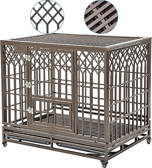 SMONTER Heavy Duty Dog Cage for Large Dog Strong Metal Kennel and Crate Pet Playpen with Three Doors, Four Wheels,42 Inch,Y Shape,Brown … … …