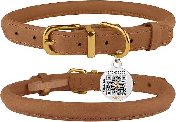 BRONZEDOG Rolled Leather Dog Collar with QR ID Tag Adjustable Soft Round Collars for Small Medium Large Dogs Puppy Cat (9" - 11" Neck Size, Light Brown)