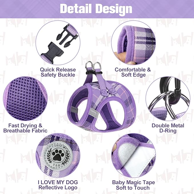 BEAUTYZOO Small Dog Harness and Leash Set, Step in No Chock No Pull Soft Mesh Dog Harnesses Reflective for Extra-Small/Small Medium Puppy Dogs and Cats, Plaid Dog Vest Harness for XS S Pets, Purple M