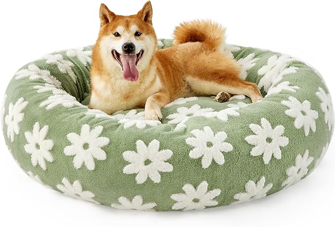 Lesure Donut Large Dog Bed - Round Cat Beds for Indoor Cats Anti-Anxiety Calming Pet Beds, Washable Cute Modern Beds with Teddy Sherpa Plush & Anti Slip Bottom Green