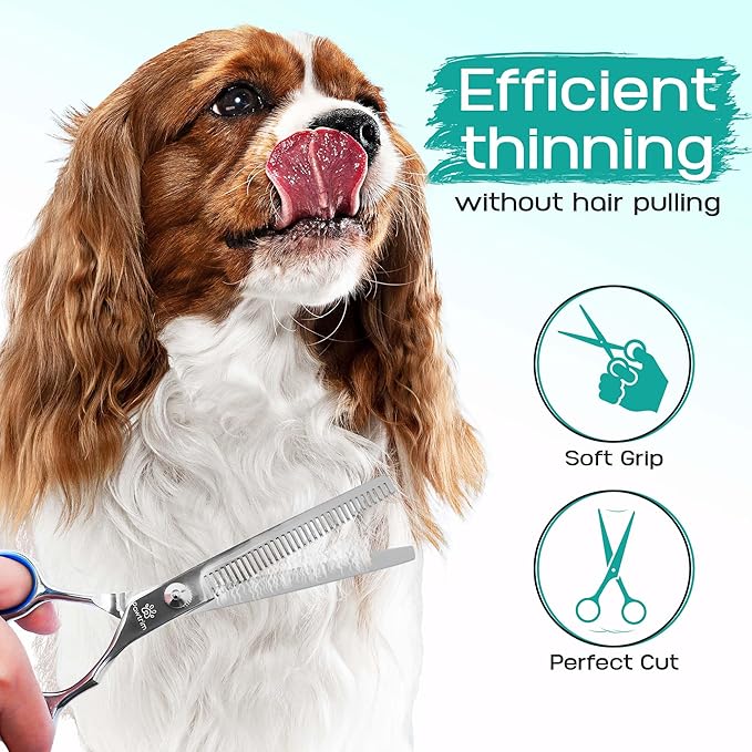 Professional Pet Grooming Kit – 5 in 1 Dog Grooming Scissors Kit - Dog & Cat Grooming Supplies - Adjustable Screw Scissors, 4CR Stainless Steel Dog Clippers, Hair Thinning Shears, Rubber Grips
