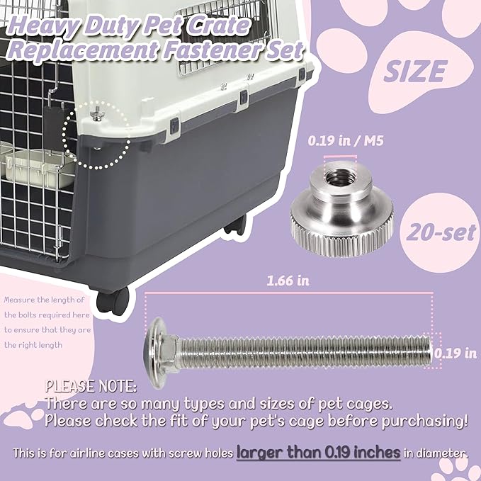 20 Sets Pet Carrier Replacement Fasteners - Heavy Duty Stainless Steel Bolts and Nuts for Kennel - Dog and Cat Replacement Parts, M540-R