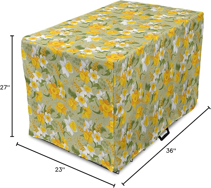 Lunarable Daffodil Dog Crate Cover, Vintage Inspirations Floral Arrangement Pattern Romantic Bouquet Nature, Easy to Use Pet Kennel Cover for Medium Large Dogs, 36 Inch, Green Marigold White