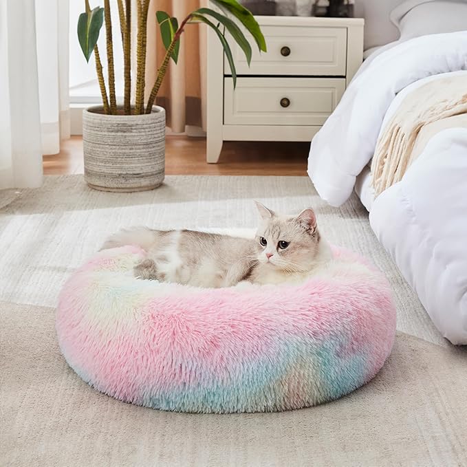 WESTERN HOME WH Calming Dog & Cat Bed, Anti-Anxiety Donut Cuddler Warming Cozy Soft Round Bed, Fluffy Faux Fur Plush Cushion Bed for Small Medium Dogs and Cats