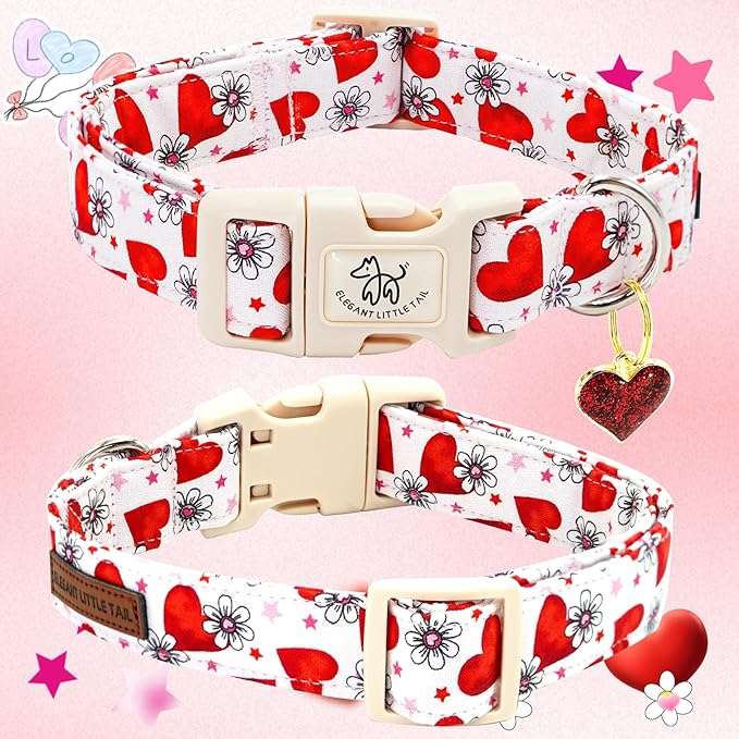 Elegant little tail Valentine's Day Dog Collar-Cute Pink Heart Dog Collar for Small Dogs, Female or Male Adjustable Cotton Pet Collar with Quick Release Buckle for Small Medium Large Dogs
