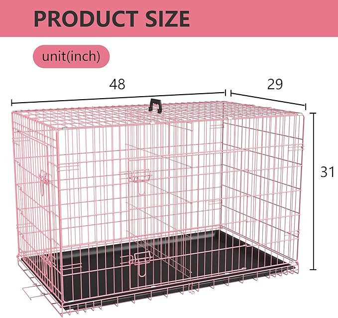 FDW Extra Large Dog Crate Dog Kennel Cage with Double Door,48 inch Folding Metal Wire Dog Cage with Removable Tray&Divider Panel,Pet Crate for Large Dogs,Pink