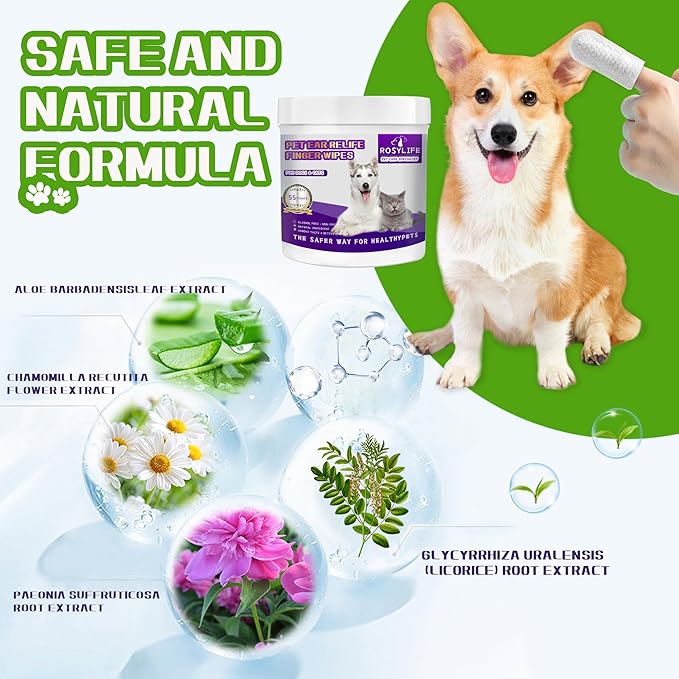 PET Ear Cleaner Finger Wipes, Ear Finger Wipes, Ear Cleaning Finger Wipes for Dogs & Cats, Gently Removes Dirt & Odor, Dissolves Wax Build-Up, Easy to Use, Natural Ingredients - 55 Count