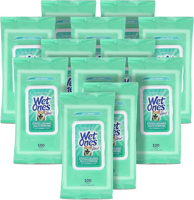Wet Ones for Pets Hypoallergenic Multi-Purpose Dog Wipes with Vitamins A, C & E, 100 ct - 12 Pack | Fragrance-Free Hypoallergenic Dog Wipes for All Dogs Wipes Multipurpose (FF14364PCS12)