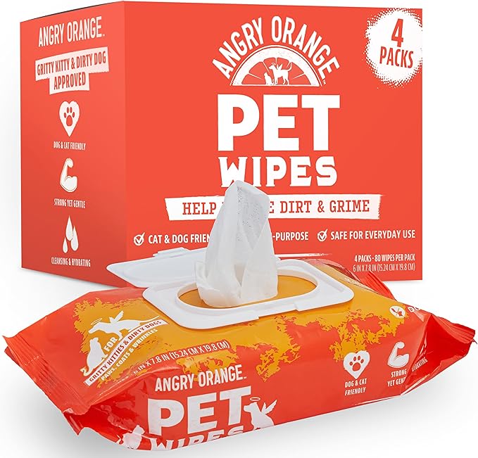 ANGRY ORANGE Pet Wipes for Dogs and Cats - Unscented and Gentle Grooming Wipes for Paws, Fur and Butt - 320 Count - Value 4 Pack