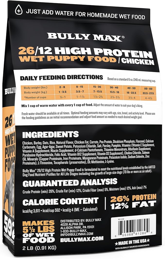 Bully Max Wet Puppy Food - Instant Fresh Dehydrated High Protein Soft Dog Food with Chicken - Healthy Growth for Small & Large Breed Puppies - 2 Dry Dog Food Pounds (Makes 5.5 lbs. of Wet Dog Food)