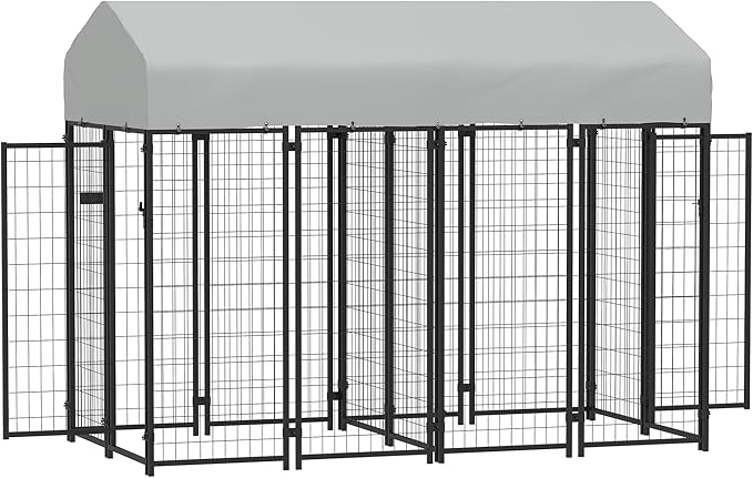PawHut Outdoor Dog Kennel with 2 Rooms, 8' x 4' x 6' Heavy Duty Welded Wire Dog Playpen Enclosure with Escape-Proof Lock, UV-Resistant & Waterproof Cover, for Large Dogs, Silver