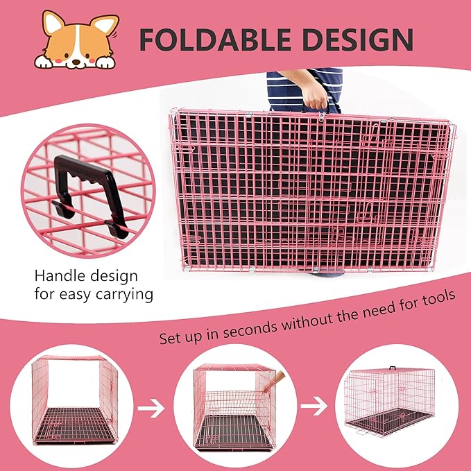FDW Extra Large Dog Crate Dog Kennel Cage with Double Door,48 inch Folding Metal Wire Dog Cage with Removable Tray&Divider Panel,Pet Crate for Large Dogs,Pink