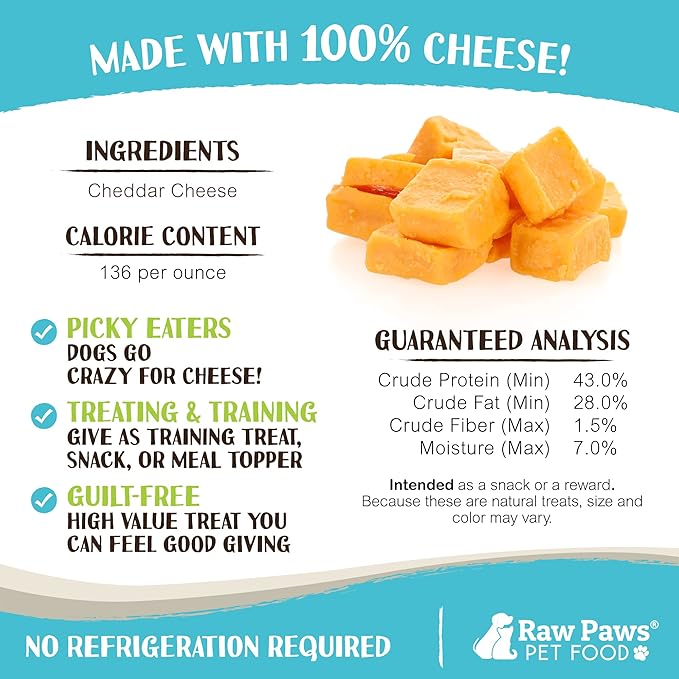 Raw Paws Freeze Dried Cheddar Cheese Treats for Dogs, 3-oz - Crunchy Dog Cheese Puffs Made in USA, Natural Dried Cheese for Dogs - 100% Real Wisconsin Cheddar Cheese Bites for Dogs - Dog Cheese Treats