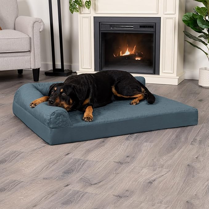 Furhaven Orthopedic Dog Bed for Large Dogs w/ Removable Bolsters & Washable Cover, For Dogs Up to 95 lbs - Pinsonic Quilted Paw L Shaped Chaise - Bluestone, Jumbo/XL