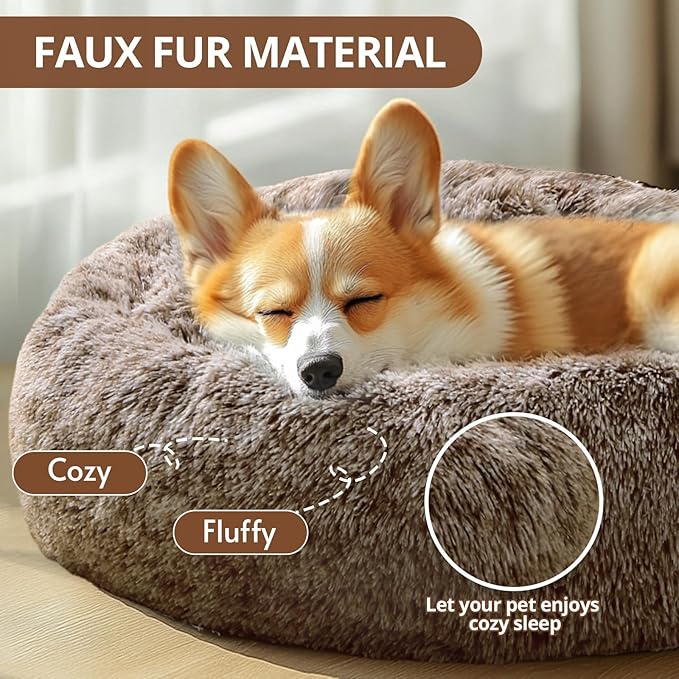JOLLYVOGUE Dog Bed Cat Bed, Anti-Anxiety Small Dog Bed, Calming Donut Dog Bed for Puppy, Cozy Cat Bed, Fluffy Dog Beds for Small Dogs, Washable Round Puppy Bed for Indoor Pets (20"/Smoke Brown