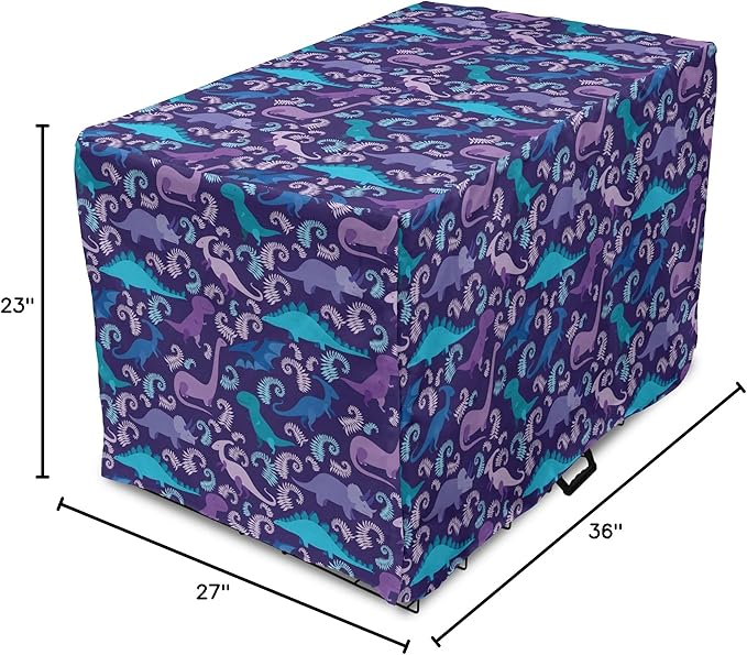 Lunarable Jurassic Dog Crate Cover, Abstract Cartoon Dinosaur Pattern Ferns Caricature Style Creatures Prehistoric, Easy to Use Pet Kennel Cover for Medium Large Dogs, 36 Inch, Blue Purple