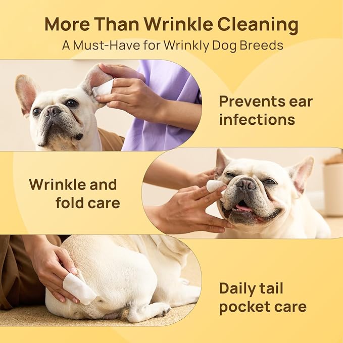 HICC PET Wrinkle Wipes for Dogs- 100 Count Hypoallergenic Wrinkle Wipes French Bulldog, Cleans Deodorizing, Anti-Itch Tear Stain Remover, Vet-Recommended Dog Face Wipes Great for Pug, English Bulldog