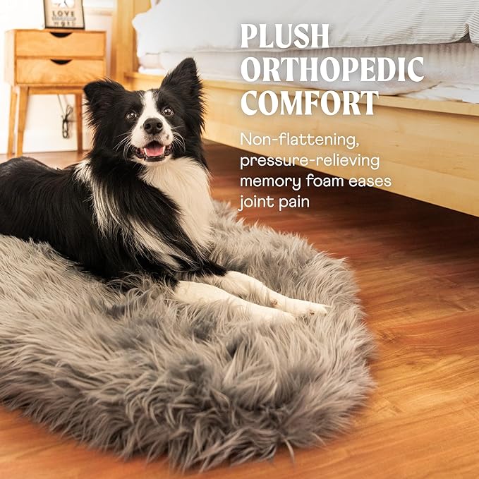 PupRug Orthopedic Dog Bed for Large Dogs with Fluffy Soft Faux Fur and Memory Foam for Joint Pain Relief, Machine Washable and Waterproof Couch Bed, Charcoal Grey, Large/Extra Large