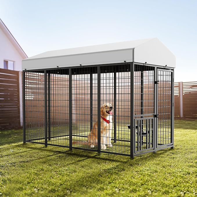 ROOMTEC Large Dog Kennel Outdoor Pet Pens Dogs Run Enclosure Animal Hutch Metal Coop Fence with Roof Cover (8'L x 4'W x 5.6'H)
