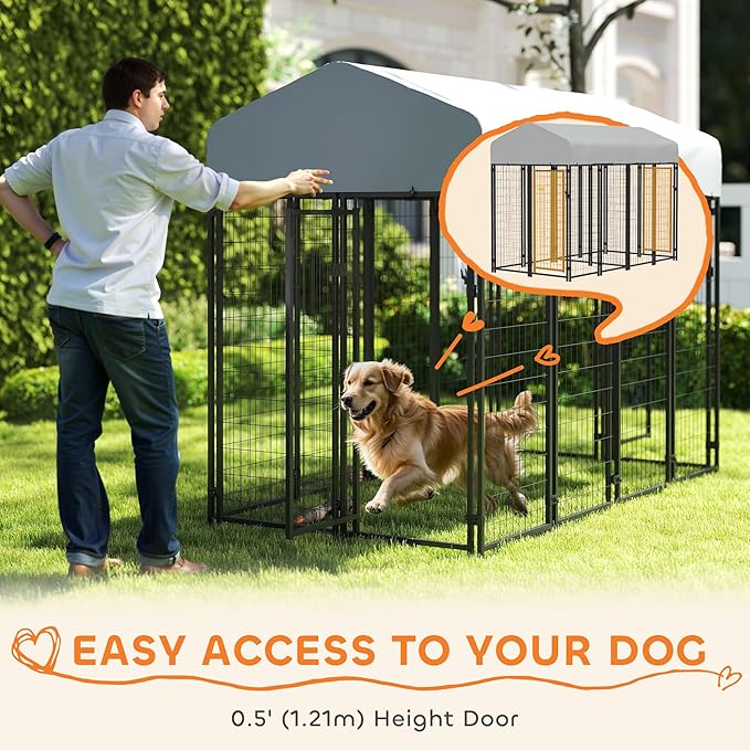 PawHut Outdoor Dog Kennel with 2 Rooms, 8' x 4' x 6' Heavy Duty Welded Wire Dog Playpen Enclosure with Escape-Proof Lock, UV-Resistant & Waterproof Cover, for Large Dogs, Silver