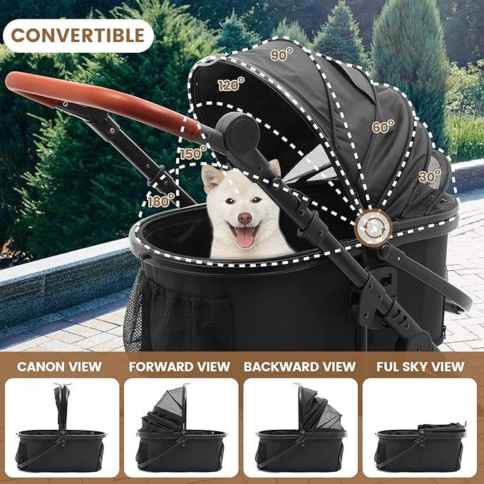 Pet Stroller with 4 Wheels, Foldable Pet Travel Carrier for Small/Medium Dogs Cats up to 50lbs, Detachble Portable Pet Bag, Storage Basket, Car Seat 3 in 1 Multifunctional (Black)