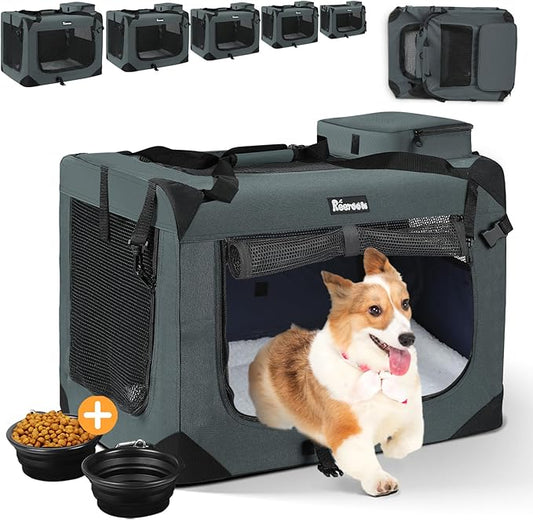 Extra Large Dog Crate with 2 Foldable Bowl, 28 Inch Collapsible Travel Dog Crate Kennel with Soft Blanket for Medium Dogs,Indoor & Outdoor (28" L x 20" W x 20" H, Grey)