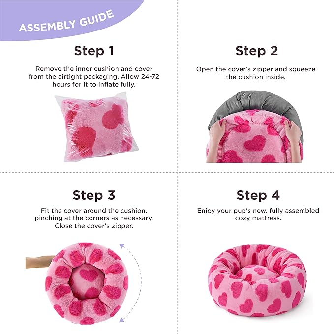 Lesure Donut Small Dog Bed - Round Cat Beds for Indoor Cats Anti-Anxiety Calming Pet Beds, Washable Cute Modern Beds with Teddy Sherpa Plush & Anti Slip Bottom, 20 Inch, Heart Pink