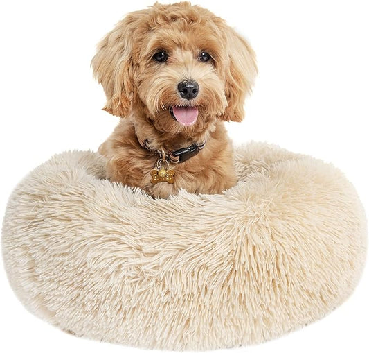 Small Dog Bed Calming Dogs Bed for Small Medium Large Dogs Anti-Anxiety Puppy Bed Machine Washable Warming Cozy Soft Pet Round Bed Fits up to 10-100 lbs (Small (Pack of 1), Beige)
