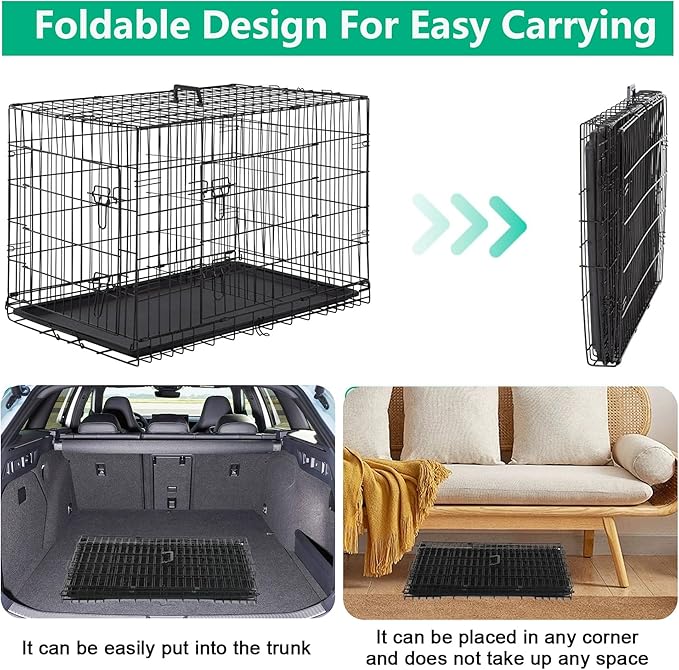 FDW XL Dog Crate Dog Kennel Cage with Double Door,42 inch Folding Metal Wire Dog Cage with Removable Tray&Divider Panel,Pet Crate for Medium Large Dogs,Black