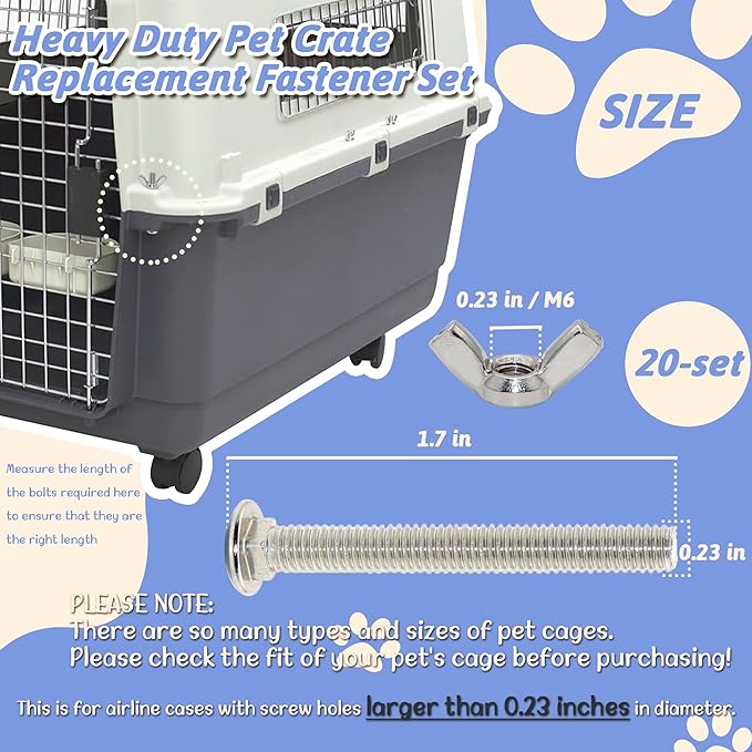 20 Sets Pet Carrier Replacement Fasteners - Heavy Duty Stainless Steel Bolts and Nuts for Kennel - Dog and Cat Replacement Parts, M650-W