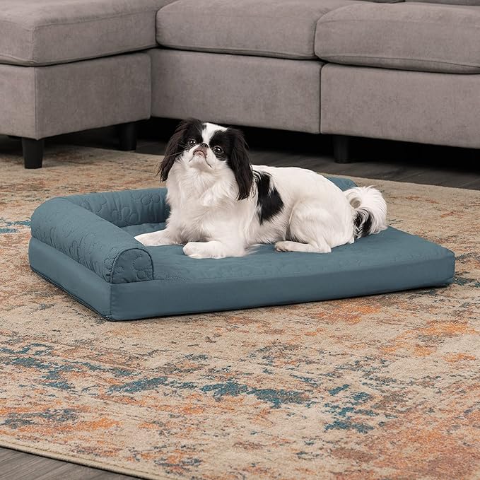 Furhaven Orthopedic Dog Bed for Medium/Small Dogs w/ Removable Bolsters & Washable Cover, For Dogs Up to 35 lbs - Pinsonic Quilted Paw L Shaped Chaise - Bluestone, Medium