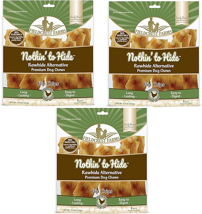 Fieldcrest Farms Nothin to Hide Flip Chips Dog Chews - All Natural Rawhide Alternative Treats for Dogs, Chicken, Beef or Peanut Butter Flavor Snack for All Breed Dogs - 3 Pack (Chicken)