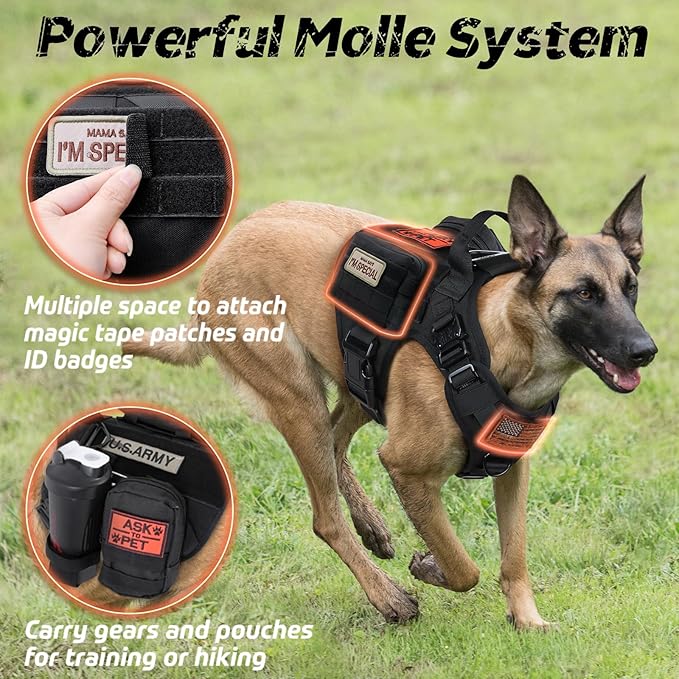 rabbitgoo Tactical Dog Harness for Large Dogs, Heavy Duty Dog Harness with Handle, No-Pull Service Dog Vest Large Breed, Adjustable Military Dog Vest Harness for Training Hunting Walking, Black, L