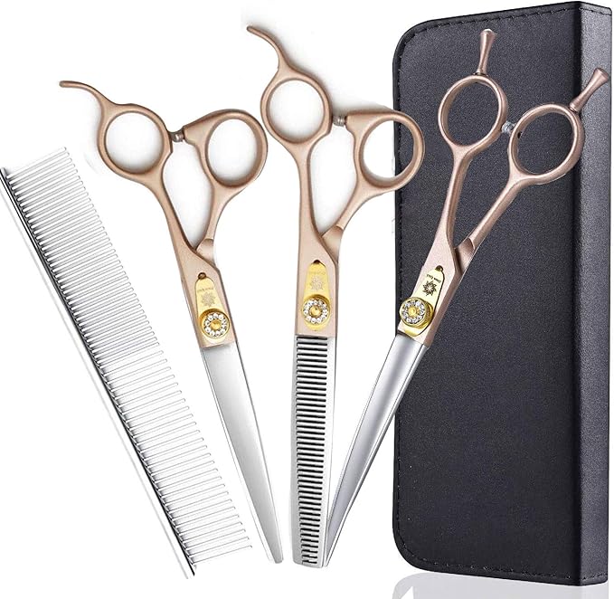 7 Inches Professional Pet Grooming Scissor, 440C Japanese Steel Straight & Curved & Thinning & Chunker Shears/Scissors for Dog Cat and More Pets (7 inch-Grooming Scissors Set)