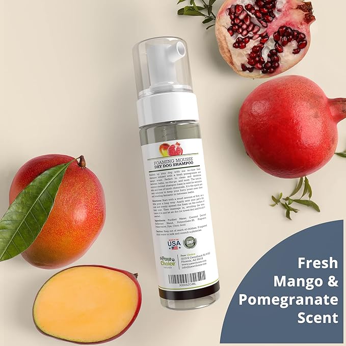 Paw Choice Dry Shampoo for Dogs - Waterless No-Rinse Foam for Odor Removal, Cleaning, Conditioning - Hypoallergenic, Natural - Safe for Sensitive Skin - Made in USA - Mango Pomegranate Scent