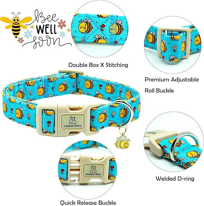 Lionheart glory Dog Collar, Bees Blue Dogs Collar Adjustable Soft Comfortable Collars for Small Dogs Girl or Boy Pet Gift Cute Spring Summer Collar