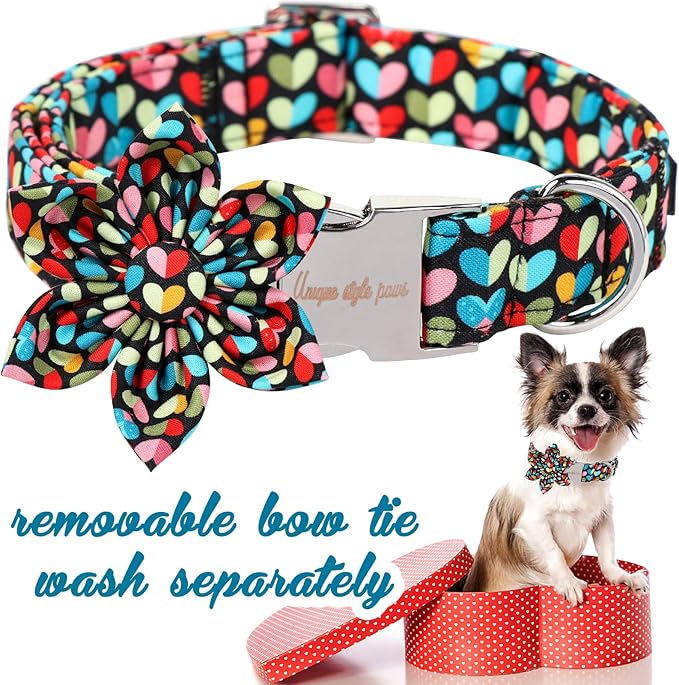 Unique Style Paws Valentine's Day Dog Collar with Bow Colorful Heart Love Dog Collars for Small Medium Large Dog New (M, Heart Flower)