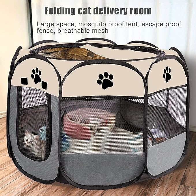 Portable Dog Playpen, Pet Play Pen for Indoor Outdoor Cat, Adult Kitten/Puppy Exercise Playpen Tent Birthing Box, Waterproof Travel Dog Camping Cage for Medium Large Dog Animal House (Grey)