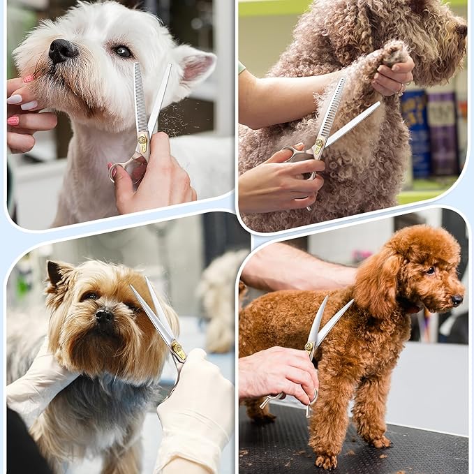 JASON Dog Grooming Scissors Kit, Professional 6 in 1 Dog Scissors Sharp Shears Set - 7.5" Thinning, Chunker, Straight, Curved Shears and Comb for Dog Cat Pet, Rosegold