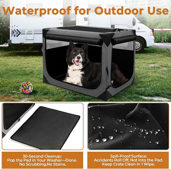 Dog Crates,Collapsible Soft Travel Crate for Large Dogs (3 Year Warranty), Indoor & Outdoor Portable Pet Kennel with Chew Proof Mesh Door (36" L x 25" W x 25" H, French Gray) 