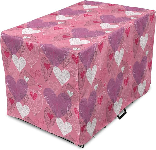 Lunarable Love Dog Crate Cover, Natural Theme Abstract Hearts Pattern Leaves Romantic Nature Art, Easy to Use Pet Kennel Cover for Medium Large Dogs, 42 Inch, Pink Purple