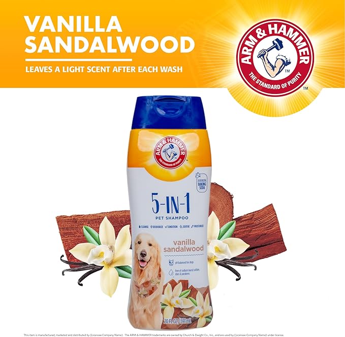Arm & Hammer for Pets 5-in-1 Pet Shampoo with Conditioner, Vanilla Sandalwood Scent - Deodorizing, Skin Soothing, and Moisturizing Ingredients, Dog Oatmeal Shampoo with Aloe and Shea Butter, 20 Fl Oz