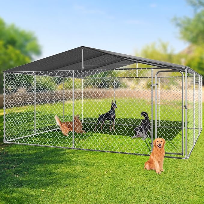 Rovibek 15'×15' Extra Large Dog Kennel Outside Dog Run Fence, Outdoor Dog Kennel with Roof, with Waterproof Sun-Proof Cover